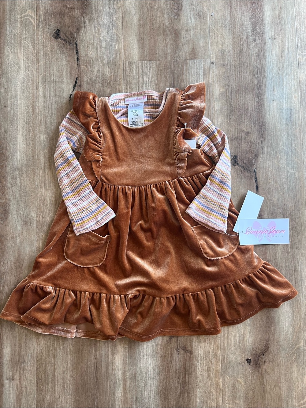 NWT Bonnie Jean Girls 2T Rust Velvet Pinafore Dress with Striped Long-Sleeve Top